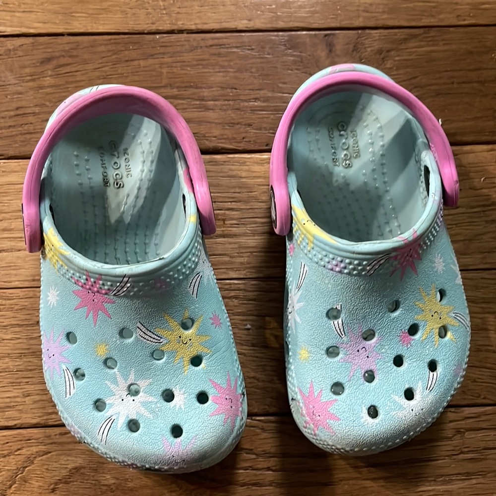 Light blue crocs with fireworks KIDS